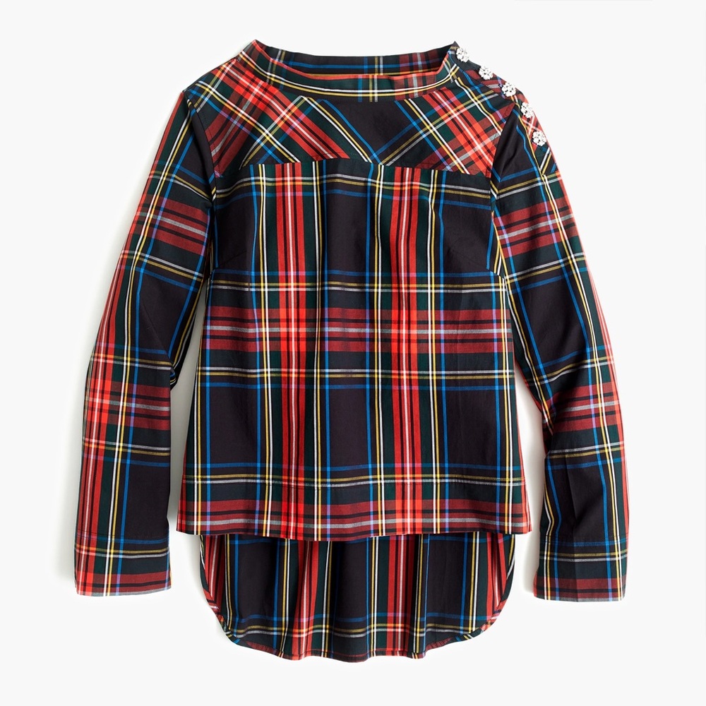 Funnelneck shirt in Stewart plaid tartan with jeweled buttons